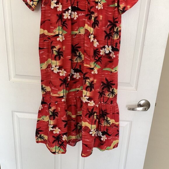 Vintage Hawaiian Togs Red Mumu Dress Large Palm Trees Hibiscus - Picture 7 of 15